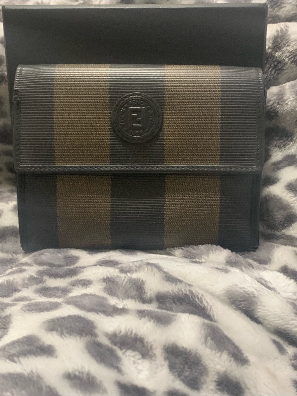 Fendi Striped Fold Wallet in Brown & Black with Embossed Round Logo